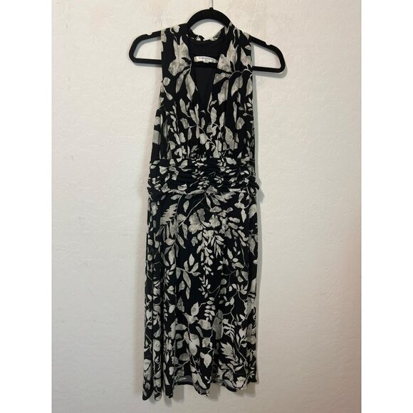 Evan Picone Sz 16 Fit and Flare Midi Halter Style Dress Black White Print - Picture 1 of 9